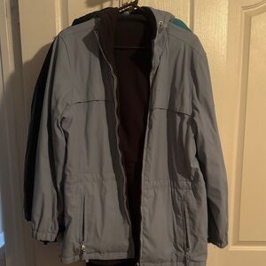 Women’s light blue reverse jacket/rain snow coat, hooded with draw strings